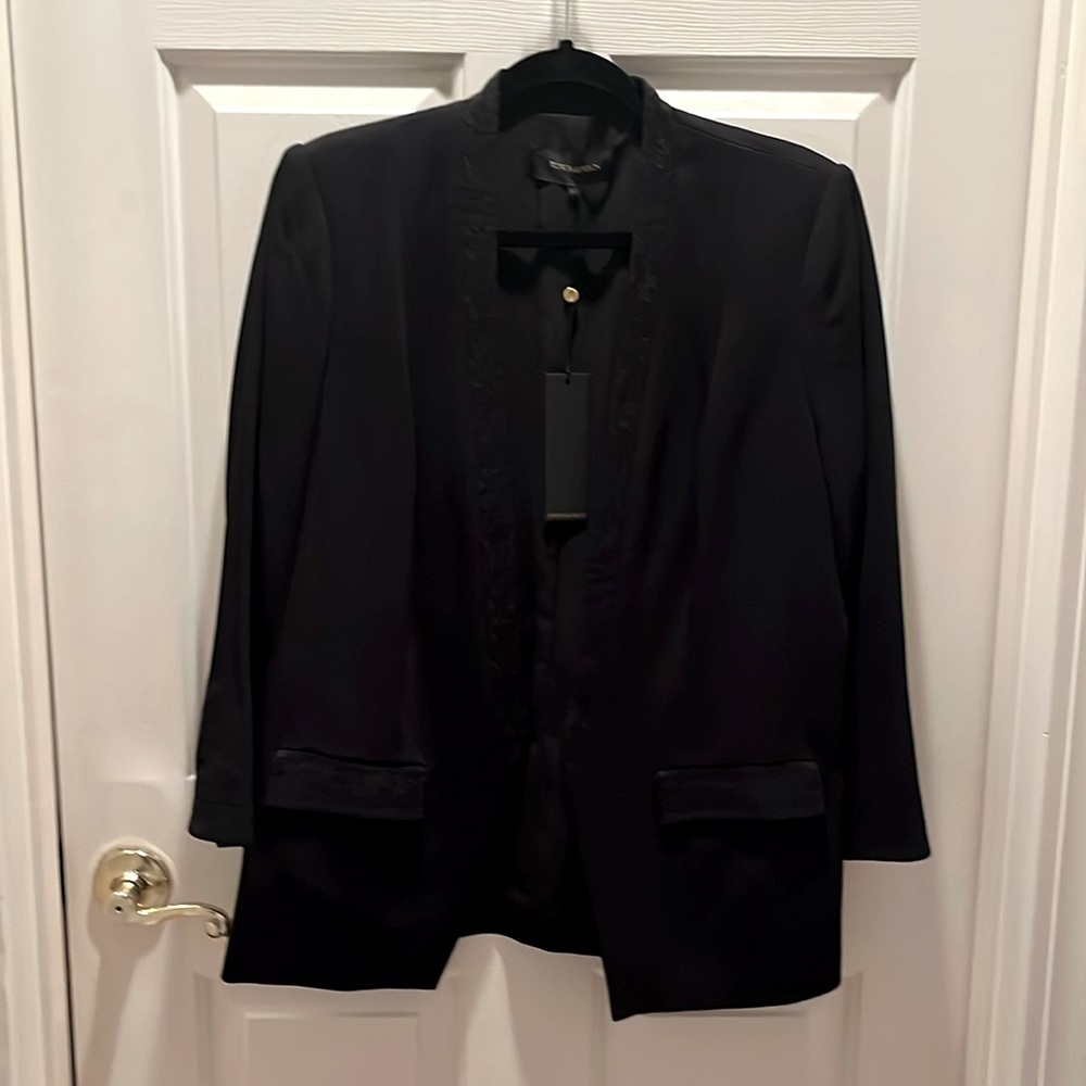 Kobi Halperin open front tuxedo type jacket, floral embellish sleeves, pockets